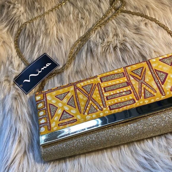 Lina Labella Platino Baby Gold Glitter Clotch Bag with strap - Picture 2 of 11